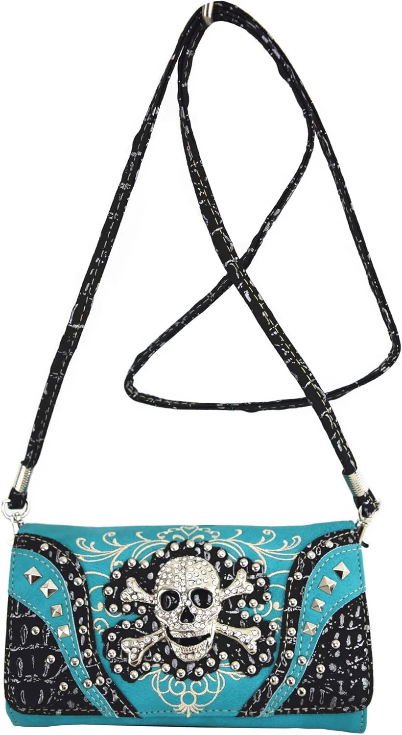 Western Style Sugar Skull Studded Country Purse Single Shoulder Bag Clutch Women Blocking Wristlet Wallet