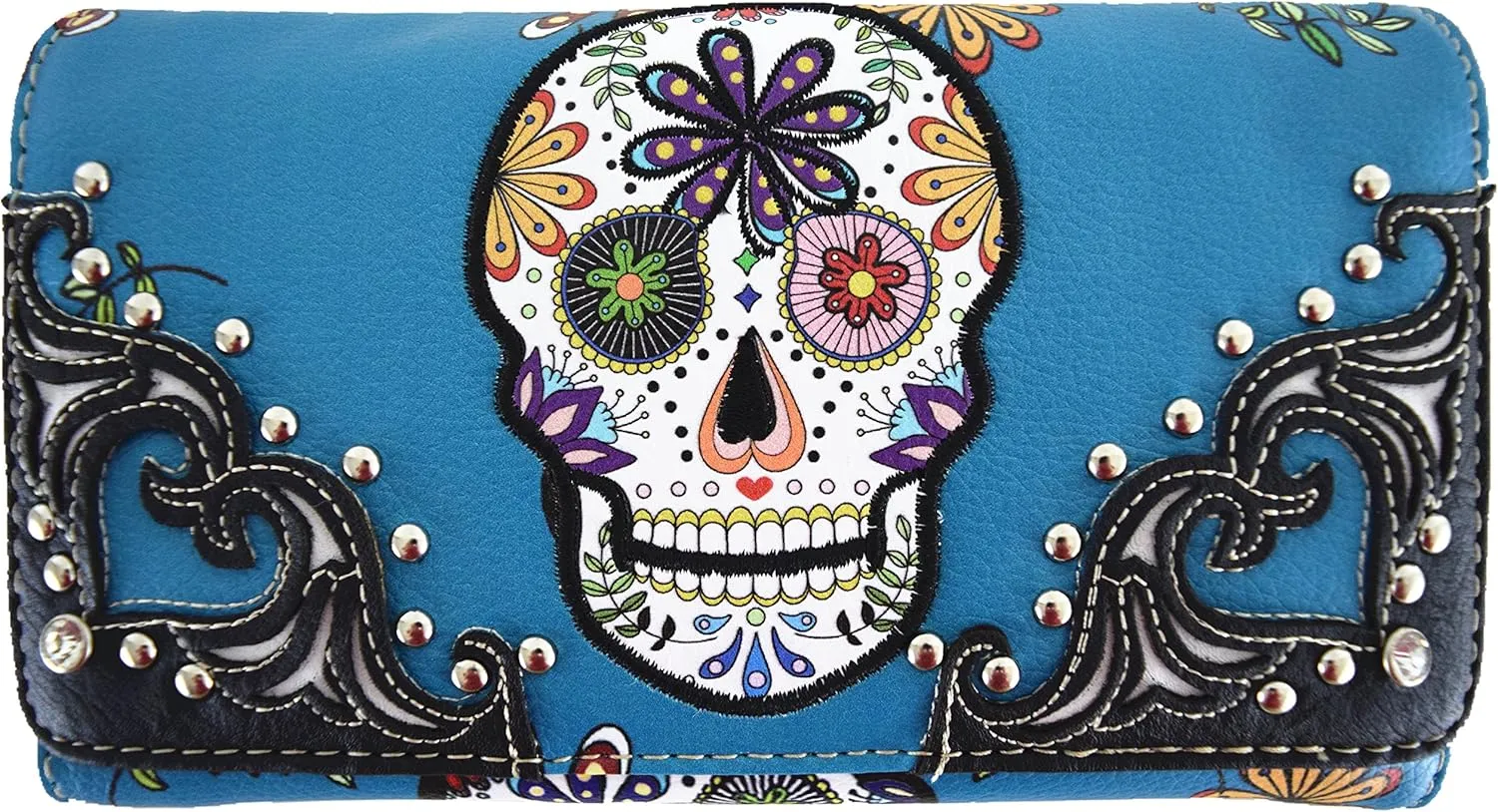 Western Style Sugar Skull Studded Country Purse Single Shoulder Bag Clutch Women Blocking Wristlet Wallet
