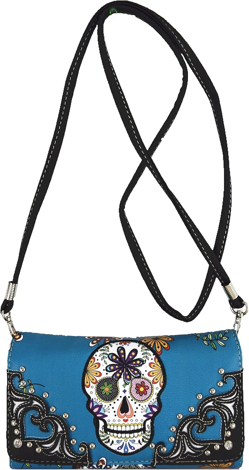 Western Style Sugar Skull Studded Country Purse Single Shoulder Bag Clutch Women Blocking Wristlet Wallet