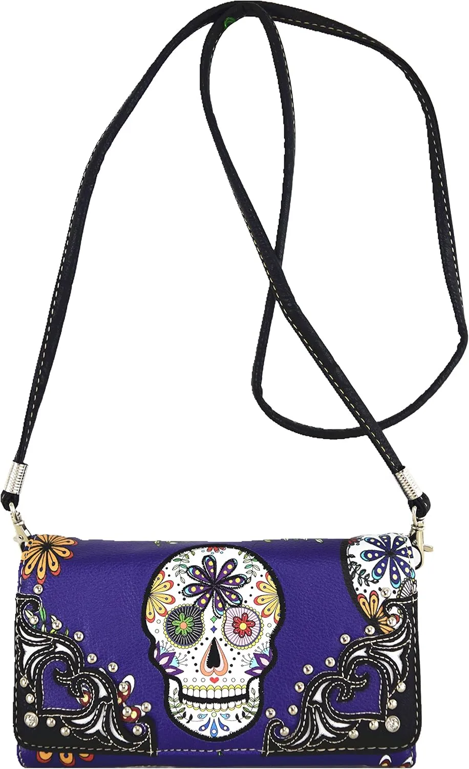 Western Style Sugar Skull Studded Country Purse Single Shoulder Bag Clutch Women Blocking Wristlet Wallet