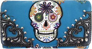 Western Style Sugar Skull Studded Country Purse Single Shoulder Bag Clutch Women Blocking Wristlet Wallet