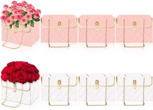 Whaline 6Pcs Pink White Paper Floral Bag with Metal Chain Bouquet Storage Bucket Florist Box Flower Bouquet Wrapping Basket Handbag for Mother's Day Wedding Birthday Party