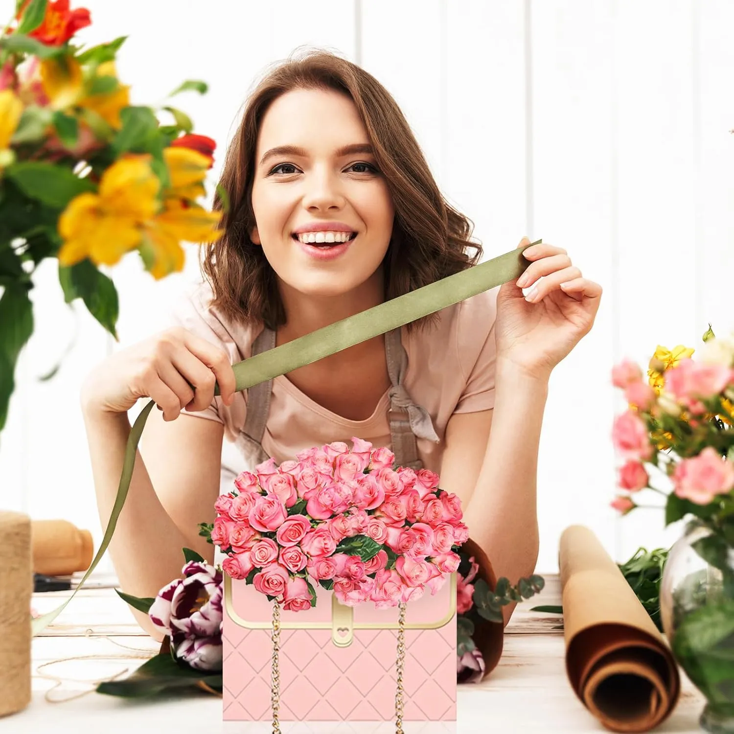 Whaline 6Pcs Pink White Paper Floral Bag with Metal Chain Bouquet Storage Bucket Florist Box Flower Bouquet Wrapping Basket Handbag for Mother's Day Wedding Birthday Party