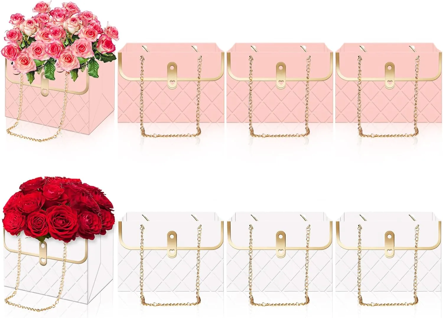 Whaline 6Pcs Pink White Paper Floral Bag with Metal Chain Bouquet Storage Bucket Florist Box Flower Bouquet Wrapping Basket Handbag for Mother's Day Wedding Birthday Party