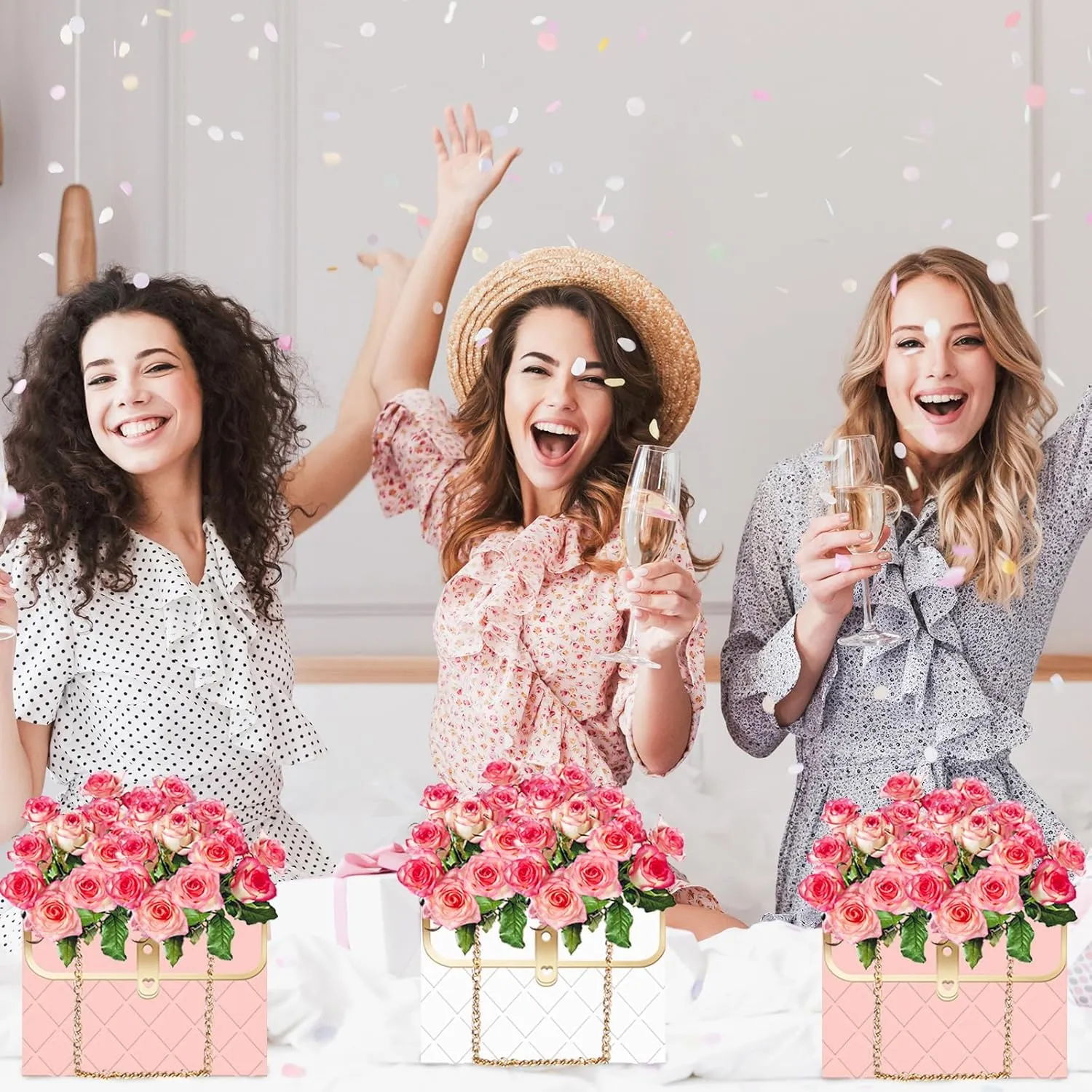 Whaline 6Pcs Pink White Paper Floral Bag with Metal Chain Bouquet Storage Bucket Florist Box Flower Bouquet Wrapping Basket Handbag for Mother's Day Wedding Birthday Party
