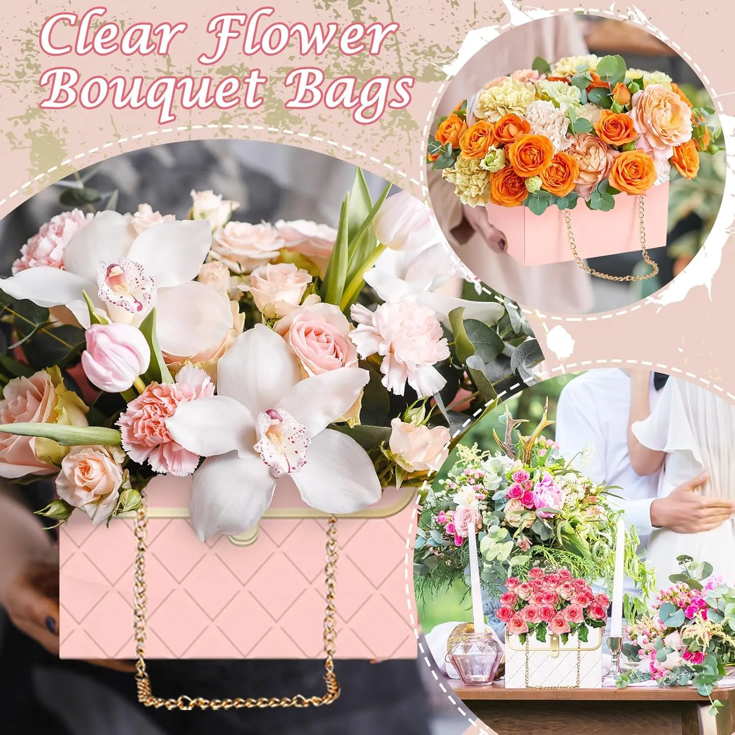 Whaline 6Pcs Pink White Paper Floral Bag with Metal Chain Bouquet Storage Bucket Florist Box Flower Bouquet Wrapping Basket Handbag for Mother's Day Wedding Birthday Party
