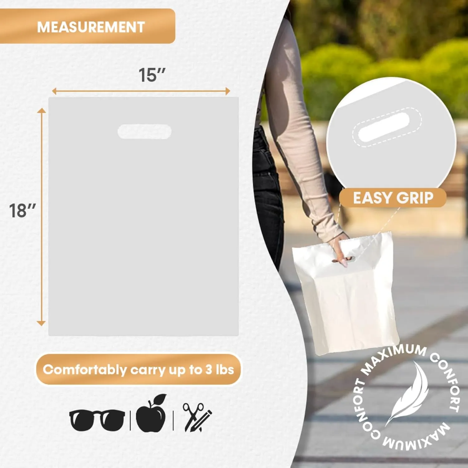 WHITE PLASTIC MERCHANDISE STORE BAGS, different sizes 9"x12", 12"x15", 15"x18" PACKS of 100/200/500 Retail Product Bags I 100% Recyclable (200, 15"x18)