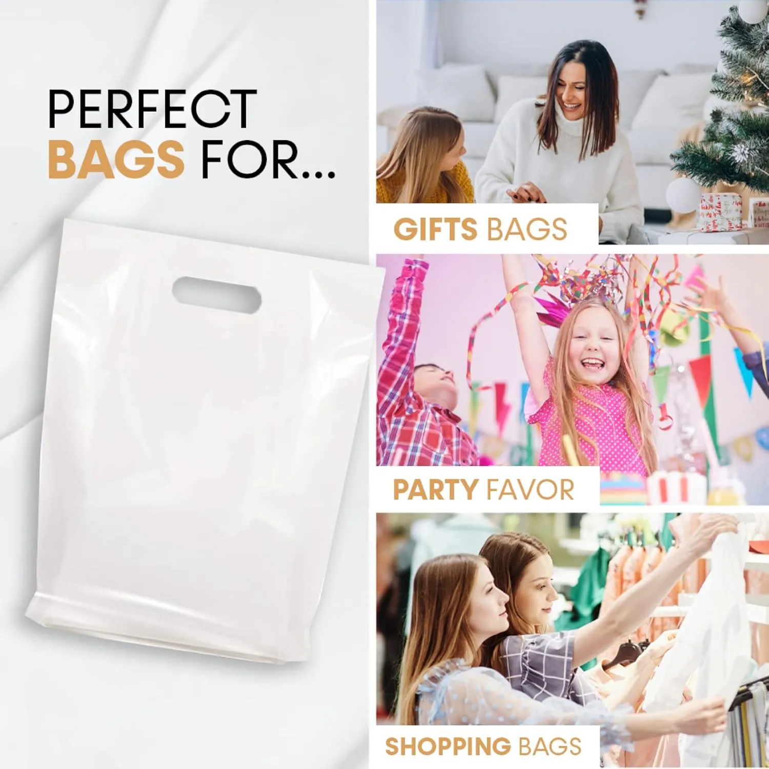 WHITE PLASTIC MERCHANDISE STORE BAGS, different sizes 9"x12", 12"x15", 15"x18" PACKS of 100/200/500 Retail Product Bags I 100% Recyclable (200, 15"x18)