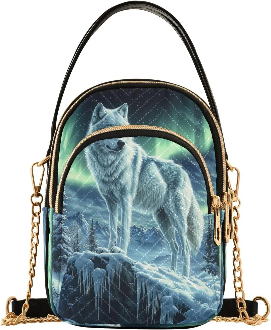 White Wolf Stands Icy Cliff Women Trendy Quilted Crossbody Bag Sling Bags Handbags with Chain Strap Travel Cross Body Cell Phone Purses Bags