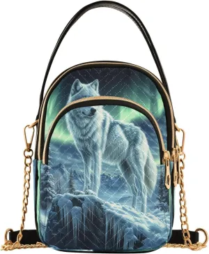 White Wolf Stands Icy Cliff Women Trendy Quilted Crossbody Bag Sling Bags Handbags with Chain Strap Travel Cross Body Cell Phone Purses Bags