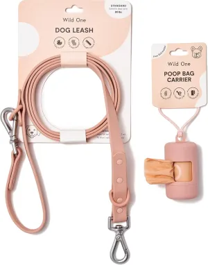Wild One Nylon Adjustable Length Leash 5.5 Feet and Poop Bag Carrier Set, Waterproof, Odor Resistant, Pink