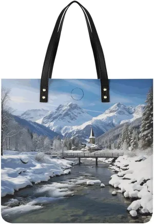 Winter Landscape in The Alps Tote Bag Pu Leather Handbags for Women Shopping Shoulder Bags Travel Hobo Bags Slouchy Tote Big Capacity Cross Body Handbags Laptop Briefcases