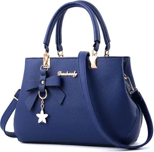Women Bowknot Satchel Bags Handle Shoulder Handbags and Purses Pockets Zipper Leather Crossbody Bags Navy Blue