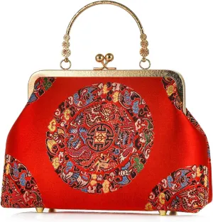 Women China Chic Retro Top-handle Bag Vintage Kiss Lock Tote Handbag Wedding Party Evening Clutch Purse With Chain Strap
