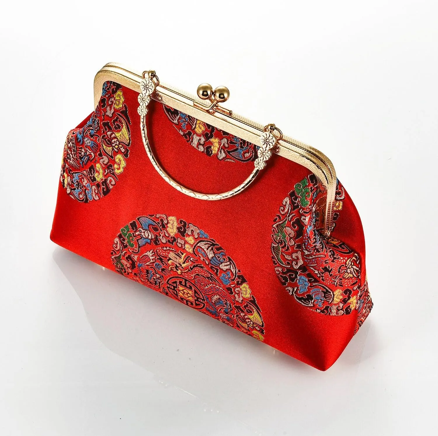 Women China Chic Retro Top-handle Bag Vintage Kiss Lock Tote Handbag Wedding Party Evening Clutch Purse With Chain Strap