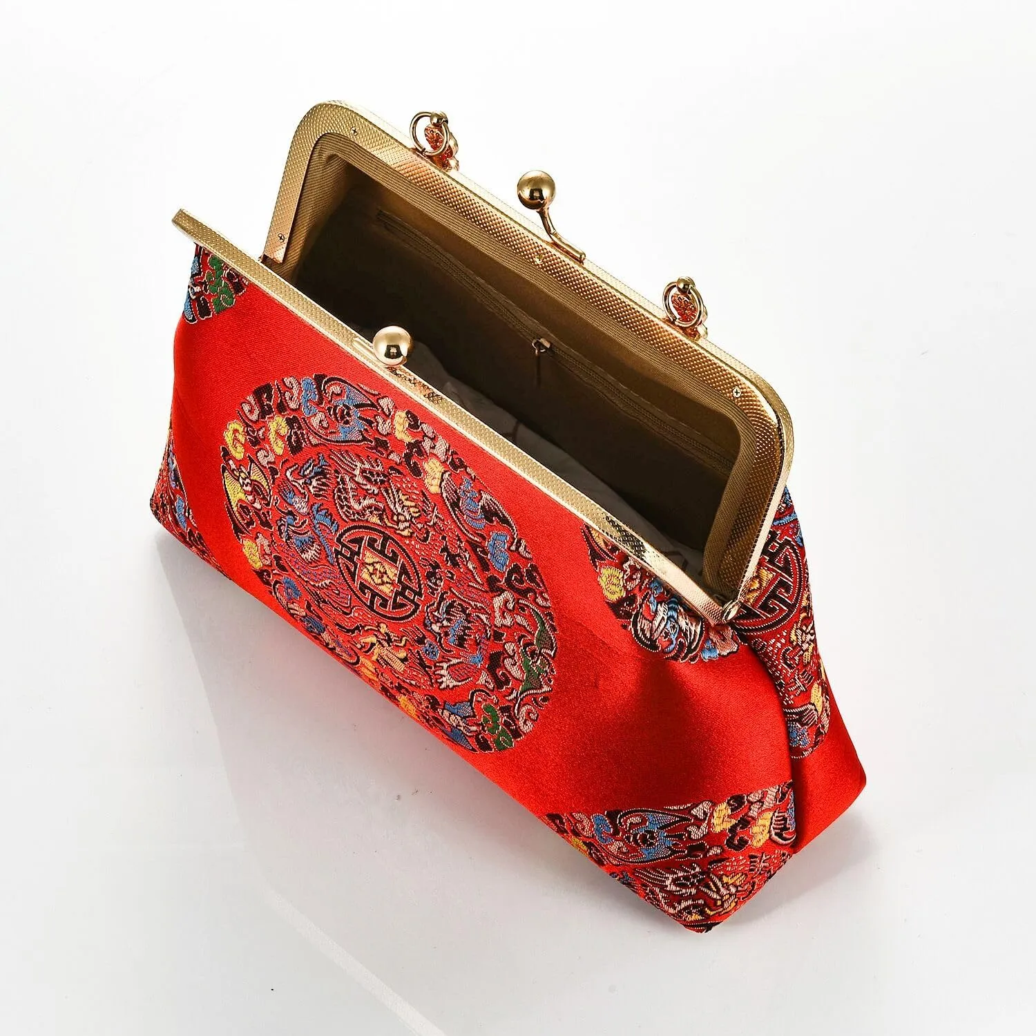 Women China Chic Retro Top-handle Bag Vintage Kiss Lock Tote Handbag Wedding Party Evening Clutch Purse With Chain Strap