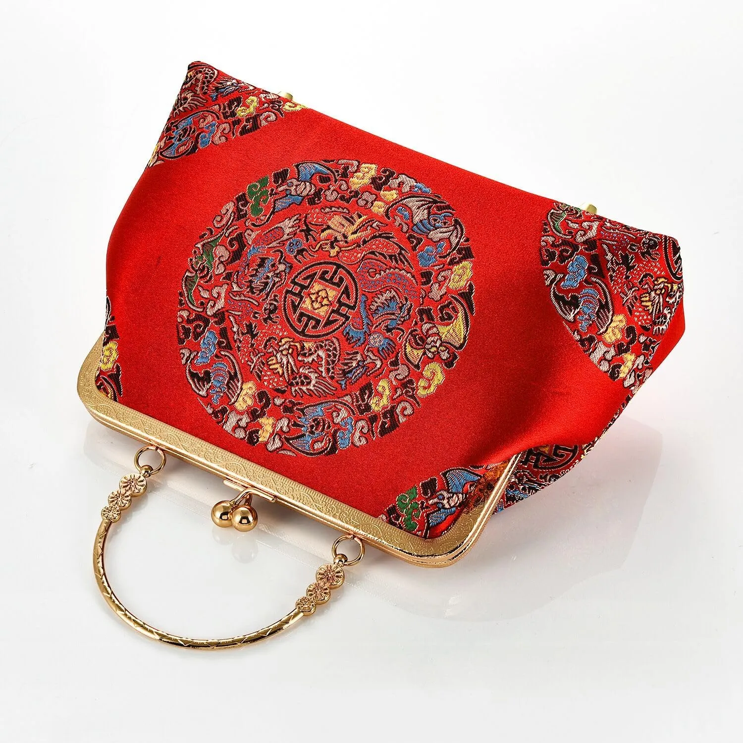 Women China Chic Retro Top-handle Bag Vintage Kiss Lock Tote Handbag Wedding Party Evening Clutch Purse With Chain Strap