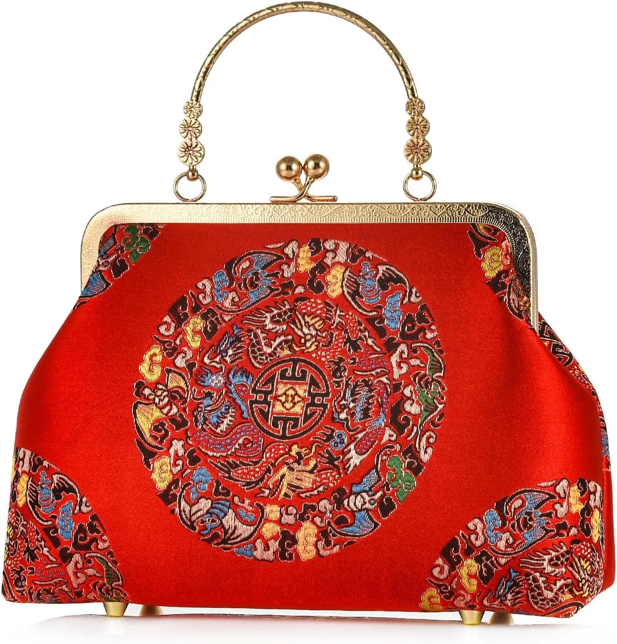 Women China Chic Retro Top-handle Bag Vintage Kiss Lock Tote Handbag Wedding Party Evening Clutch Purse With Chain Strap