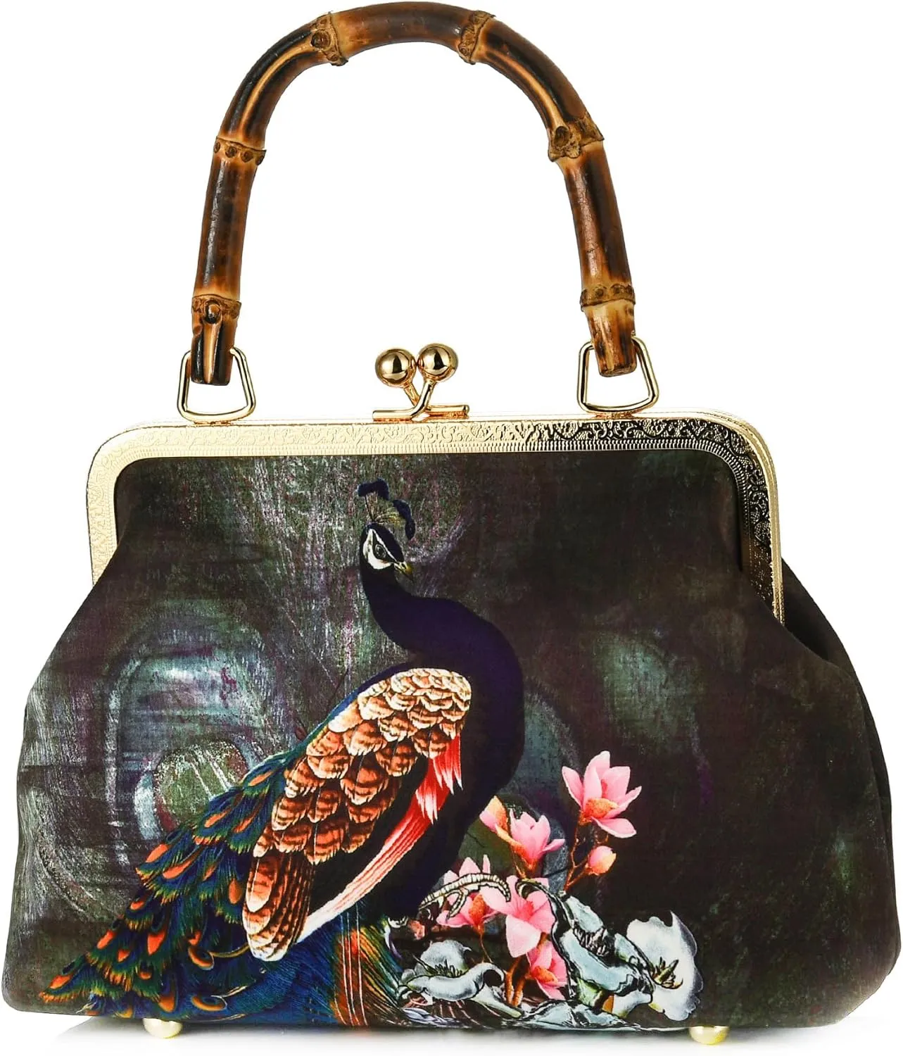 Women Chinese Vintage Evening Purse Floral Kiss Lock Top Handle Handbag with Shoulder Chain Strap For Wedding Party