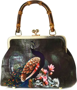Women Chinese Vintage Evening Purse Floral Kiss Lock Top Handle Handbag with Shoulder Chain Strap For Wedding Party