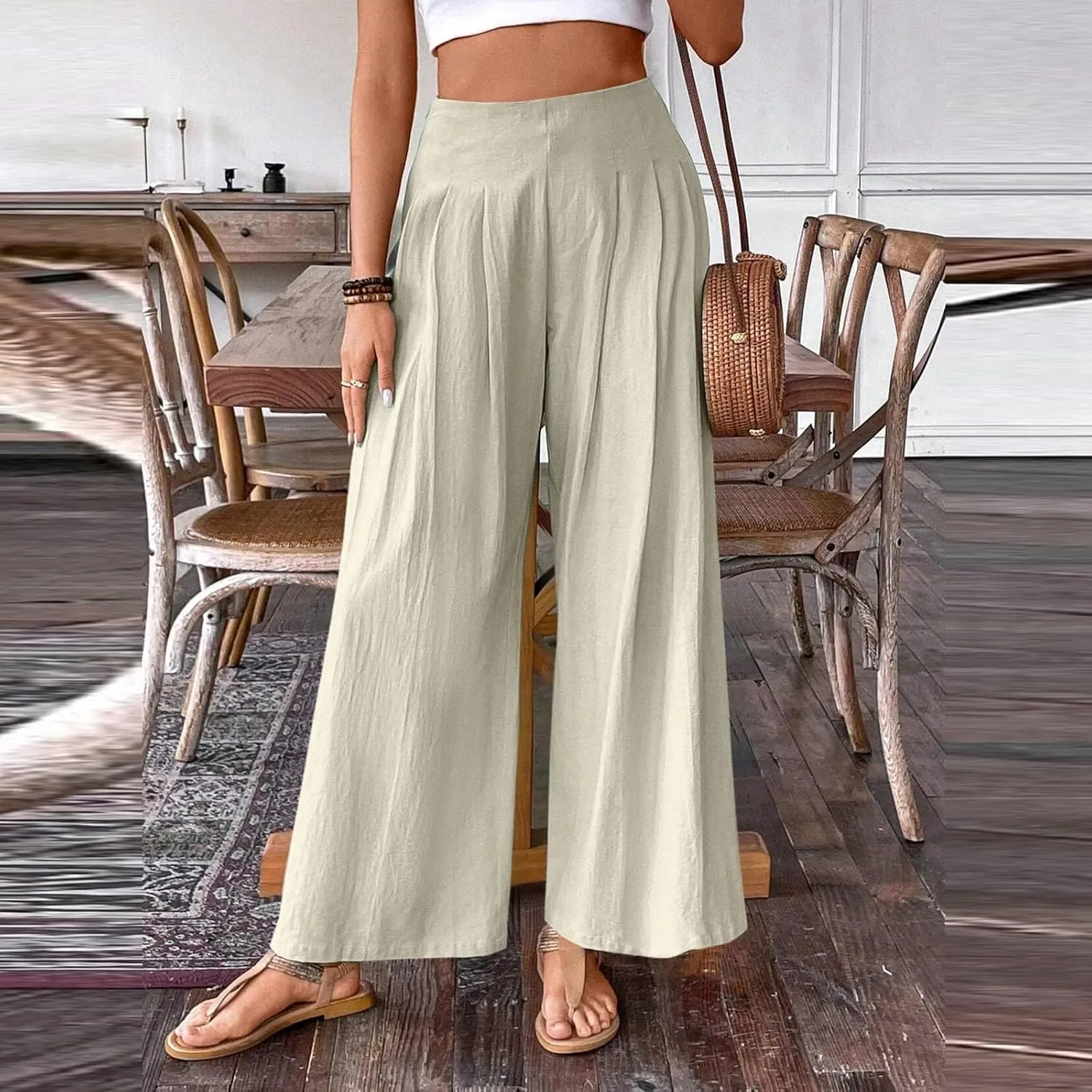 Women Cotton Linen Summer Printed Pant Trousers Elastic Waist Straight Plus Size Trousers Office