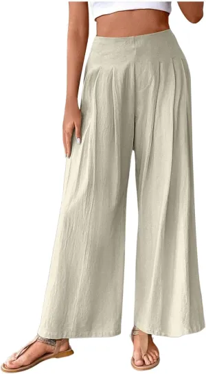 Women Cotton Linen Summer Printed Pant Trousers Elastic Waist Straight Plus Size Trousers Office