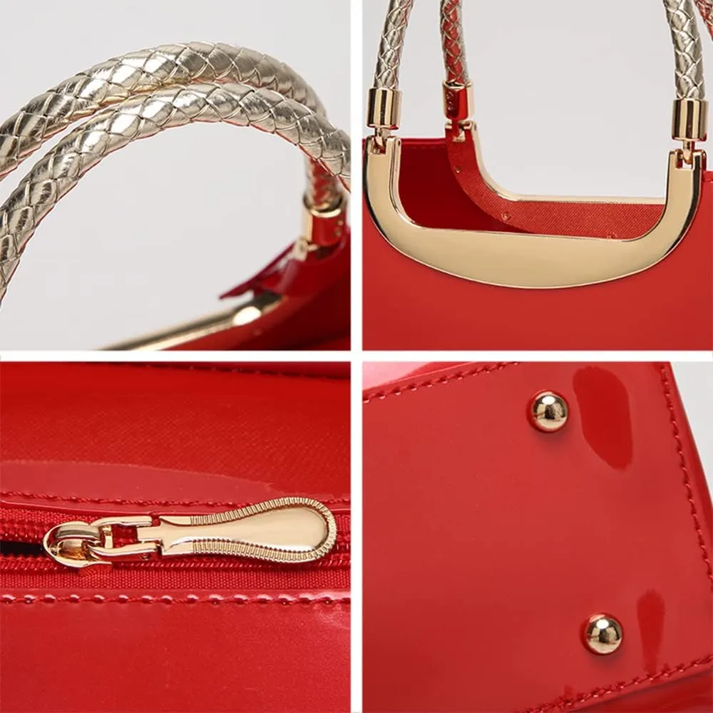 Women Elegant Top Handle Handbag Purse Faux Patent Leather Satchel Glossy Wedding Shoulder Tote Bag