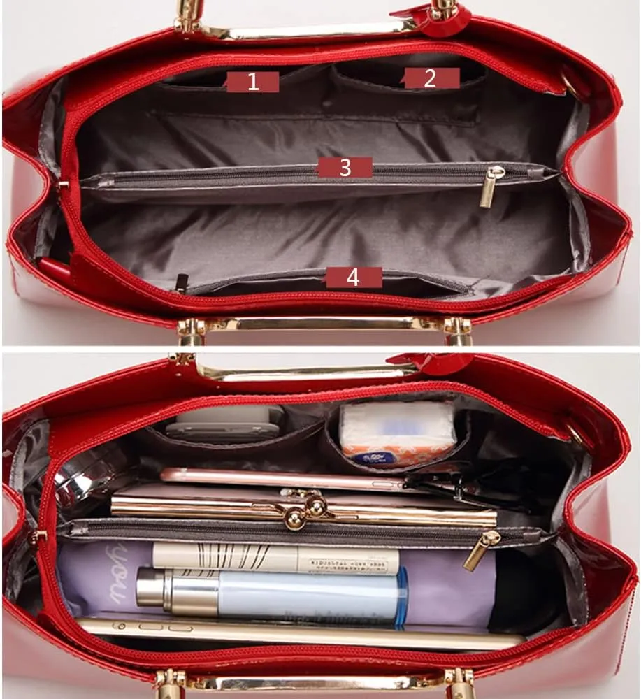 Women Elegant Top Handle Handbag Purse Faux Patent Leather Satchel Glossy Wedding Shoulder Tote Bag