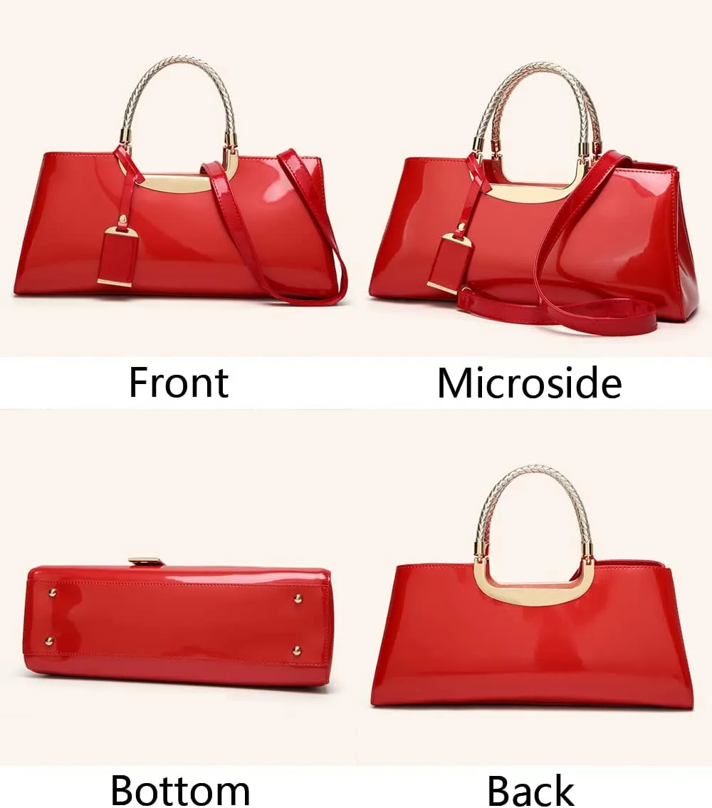 Women Elegant Top Handle Handbag Purse Faux Patent Leather Satchel Glossy Wedding Shoulder Tote Bag