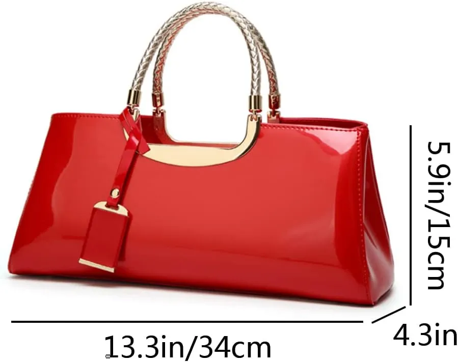 Women Elegant Top Handle Handbag Purse Faux Patent Leather Satchel Glossy Wedding Shoulder Tote Bag