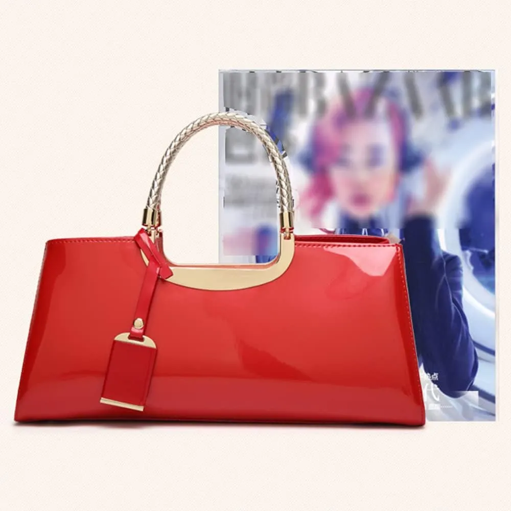 Women Elegant Top Handle Handbag Purse Faux Patent Leather Satchel Glossy Wedding Shoulder Tote Bag
