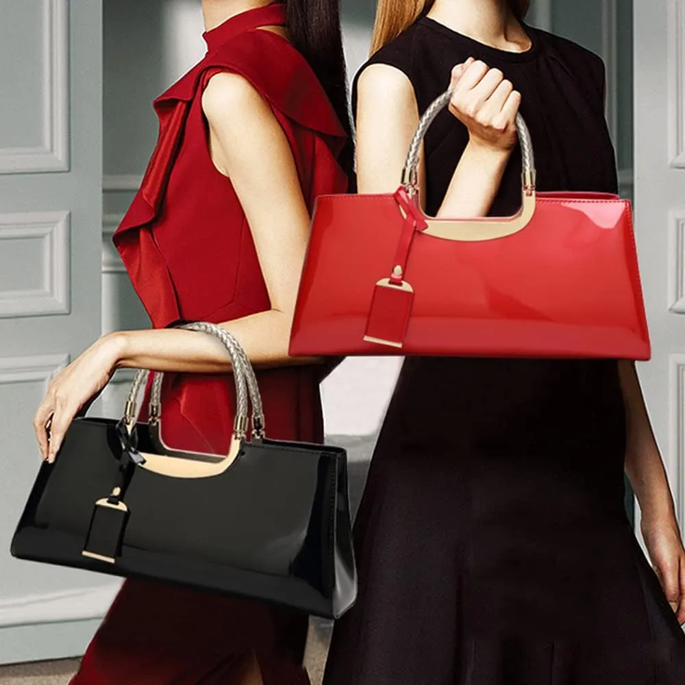 Women Elegant Top Handle Handbag Purse Faux Patent Leather Satchel Glossy Wedding Shoulder Tote Bag