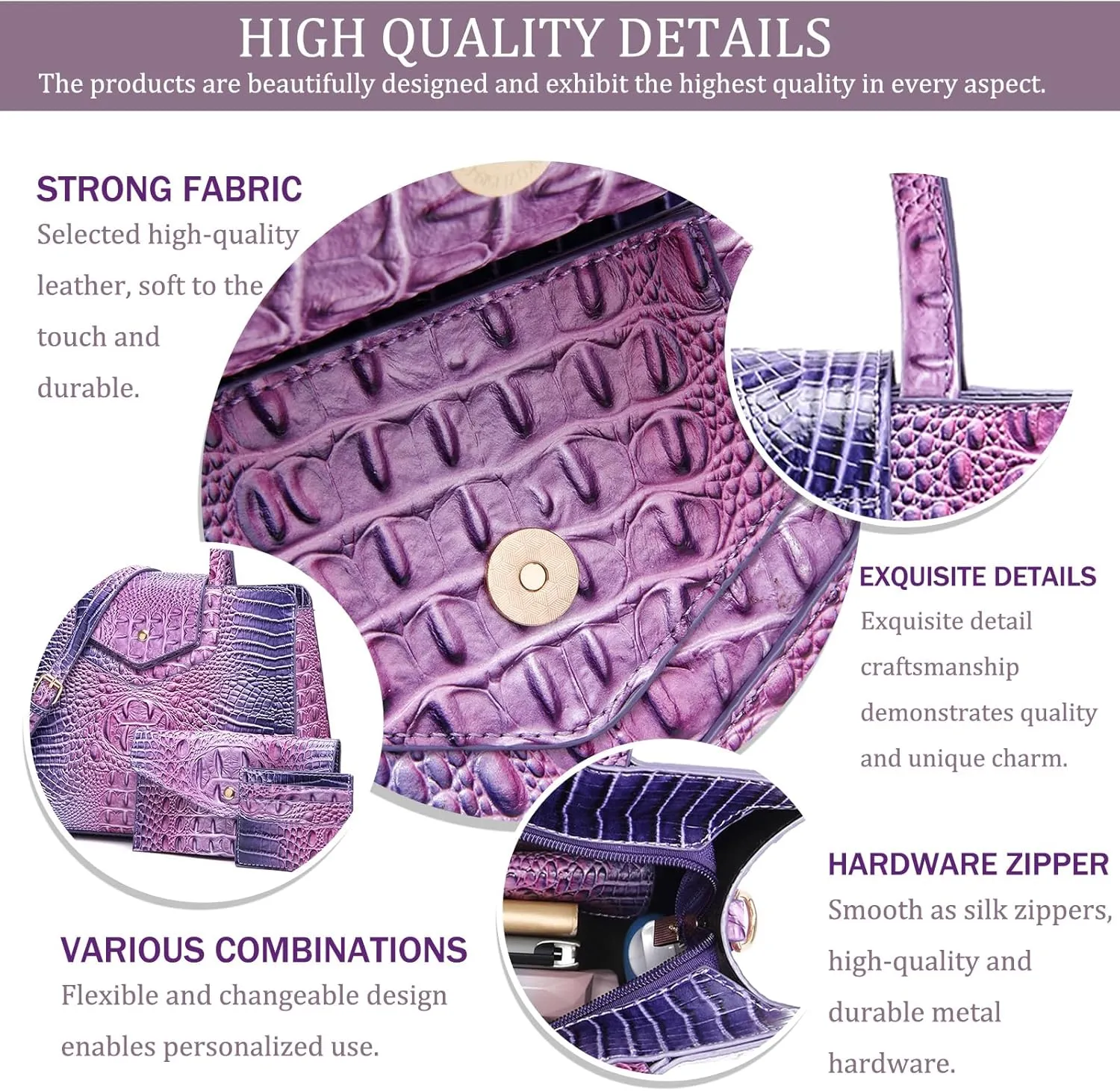 Women Embossed Pattern Satchel Handbags Wallet 3 pcs Set Crossbody Tote Top Handle Vegan Leather Ladies Bag