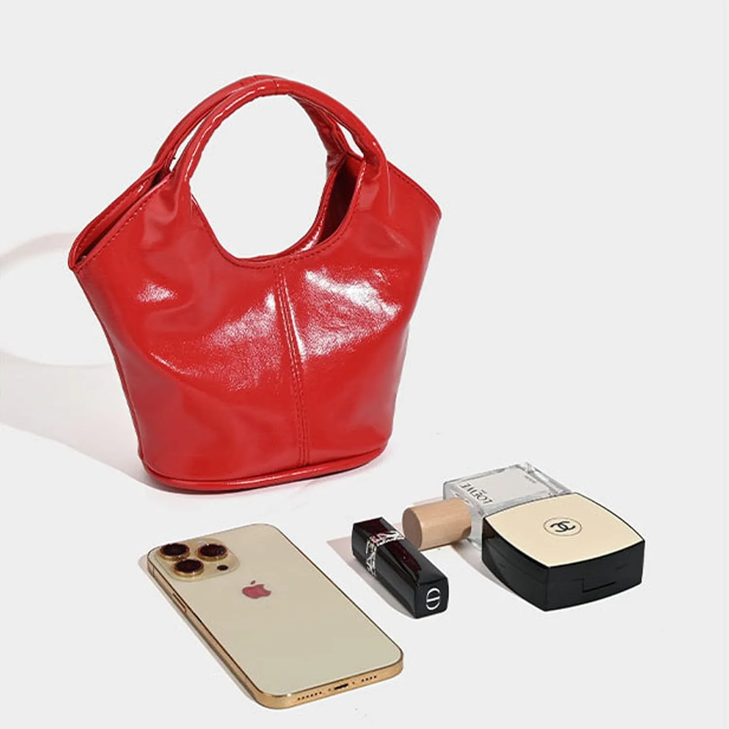 Women Handbag Patent Leather Soft Bucket Bag Stylish Solid Shoulder Bag Satchel Ladies Daily Clutch Bag
