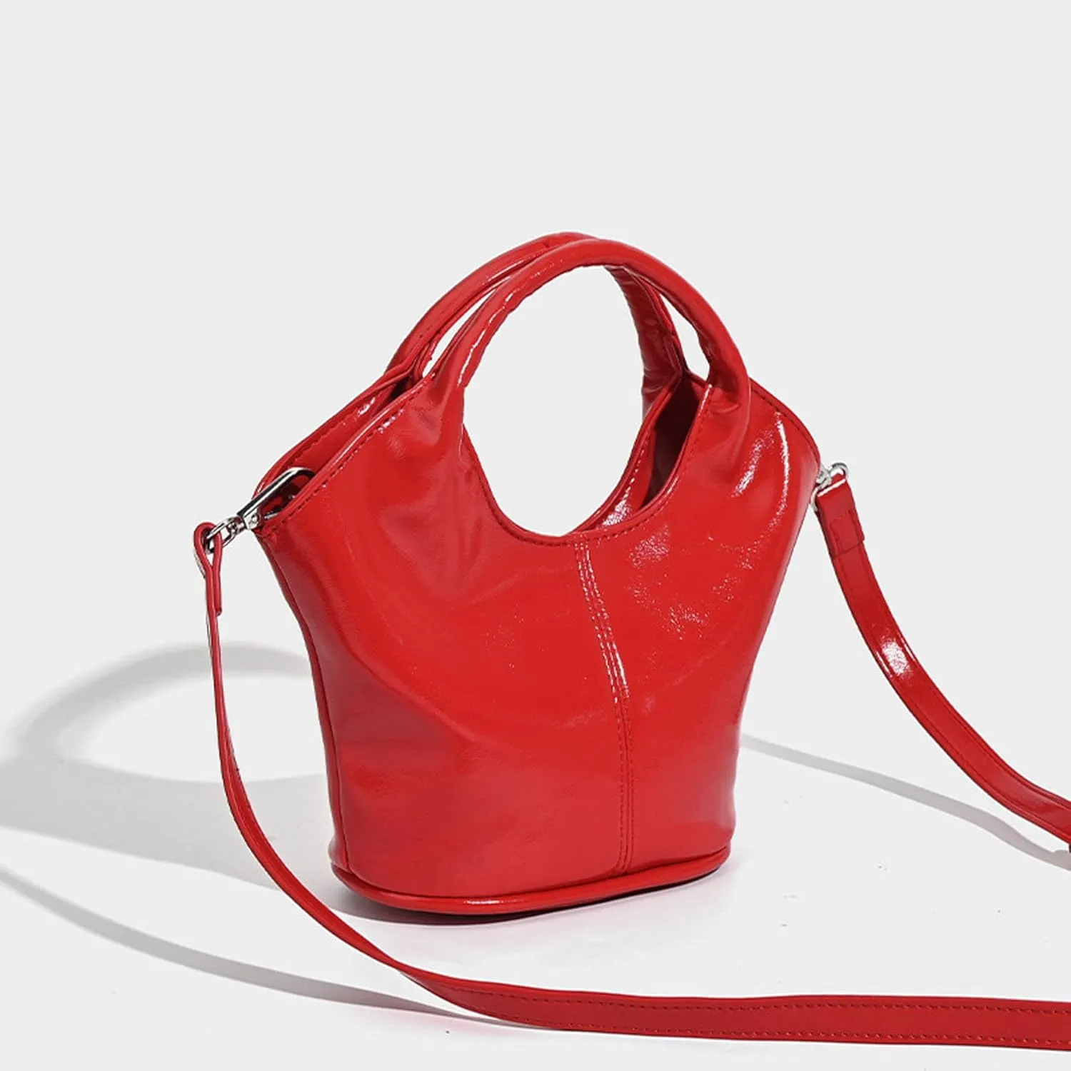 Women Handbag Patent Leather Soft Bucket Bag Stylish Solid Shoulder Bag Satchel Ladies Daily Clutch Bag