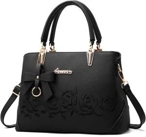 Women Handbag PU Leather Messenger Bags Top Handle Satchel Rose Embroidery Tote Bag
