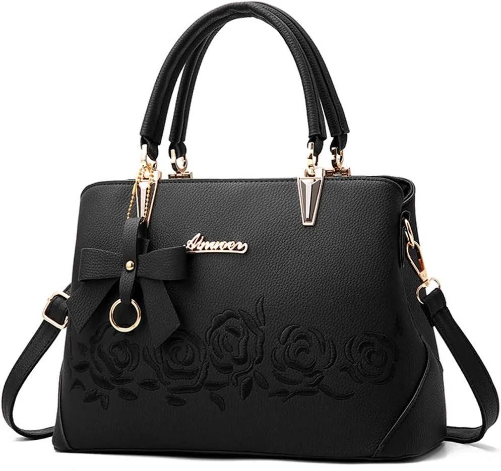 Women Handbag PU Leather Messenger Bags Top Handle Satchel Rose Embroidery Tote Bag