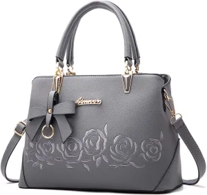 Women Handbag PU Leather Messenger Bags Top Handle Satchel Rose Embroidery Tote Bag