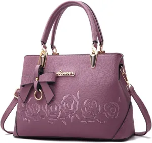Women Handbag PU Leather Messenger Bags Top Handle Satchel Rose Embroidery Tote Bag