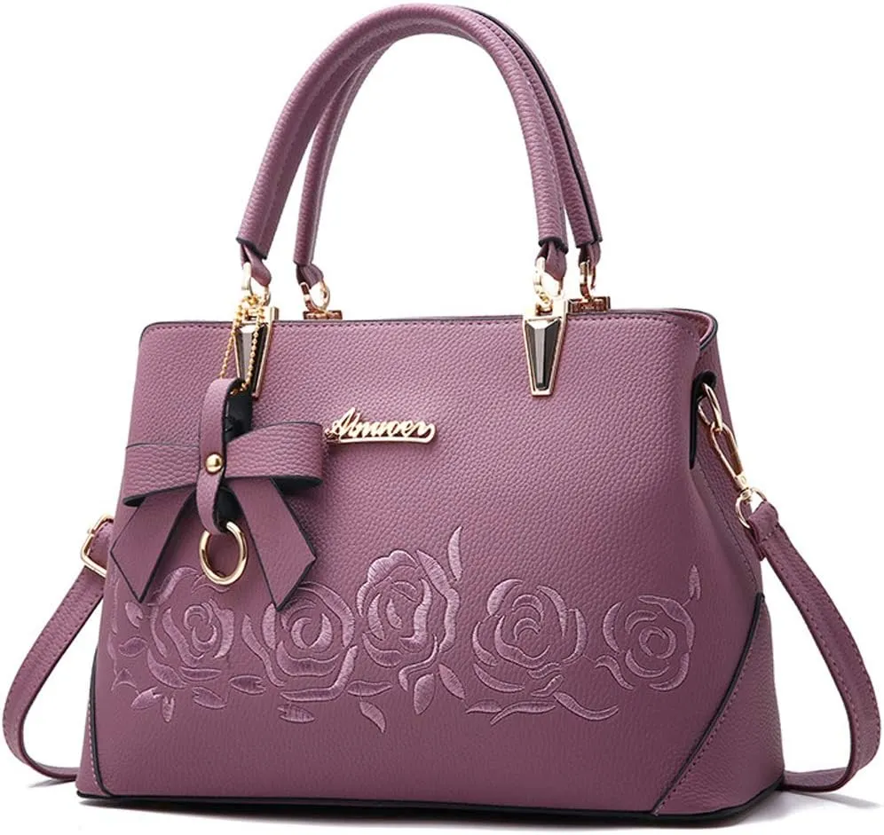 Women Handbag PU Leather Messenger Bags Top Handle Satchel Rose Embroidery Tote Bag
