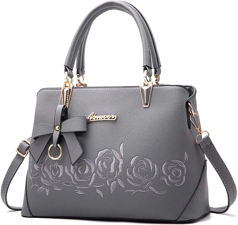 Women Handbag PU Leather Messenger Bags Top Handle Satchel Rose Embroidery Tote Bag