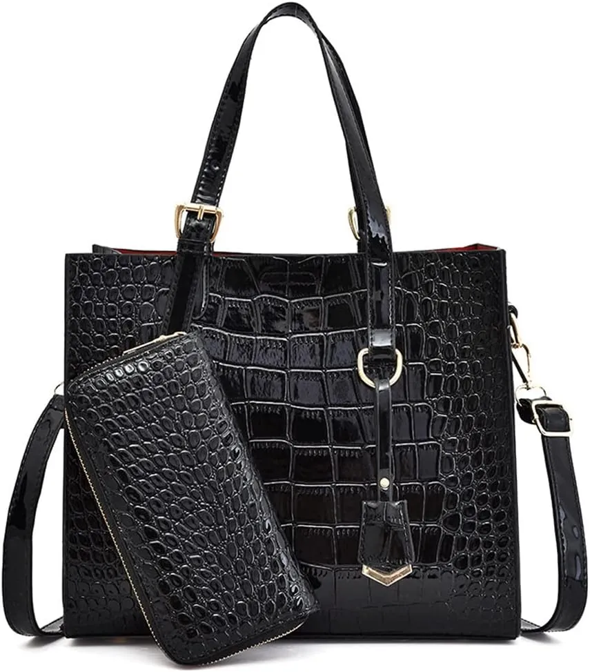 Women Handbags and Wallet 2Pcs Set Glossy Crocodile Pattern Leather Purses Satchel Handbag Tote Bags Shoulder Clutch