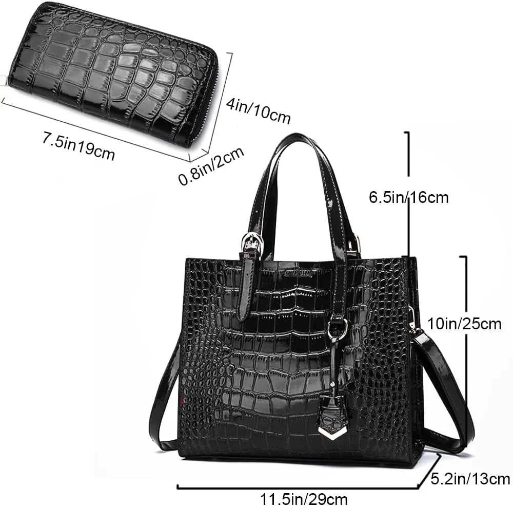 Women Handbags and Wallet 2Pcs Set Glossy Crocodile Pattern Leather Purses Satchel Handbag Tote Bags Shoulder Clutch