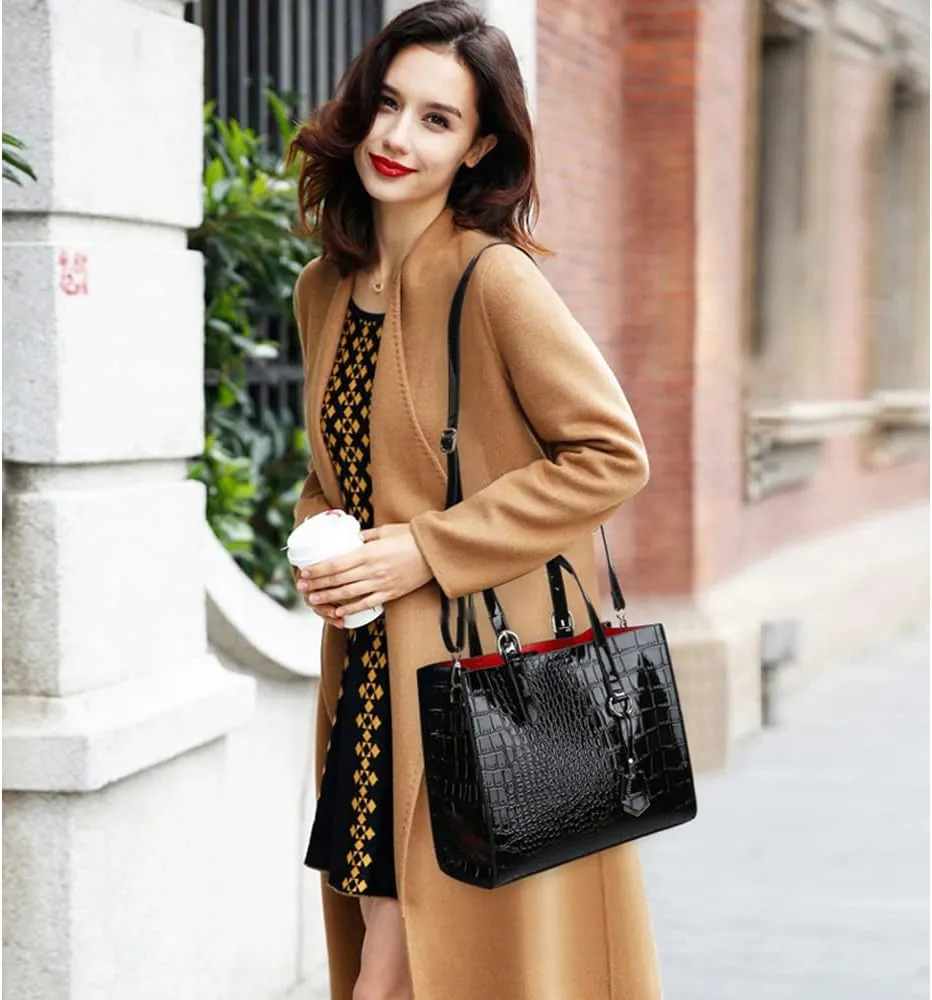 Women Handbags and Wallet 2Pcs Set Glossy Crocodile Pattern Leather Purses Satchel Handbag Tote Bags Shoulder Clutch