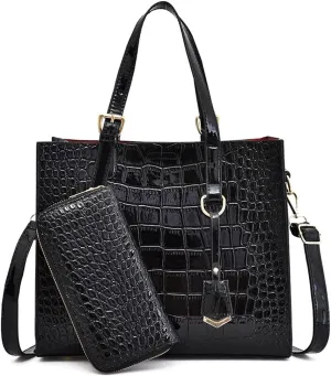Women Handbags and Wallet 2Pcs Set Glossy Crocodile Pattern Leather Purses Satchel Handbag Tote Bags Shoulder Clutch