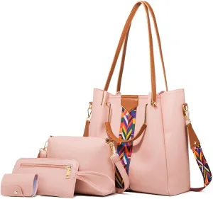 Women Handbags Sets Leather Purses Color Woven Tape Tote Bags Shoulder Crossbody Bag Top Handle Bag Wallet 4Pcs