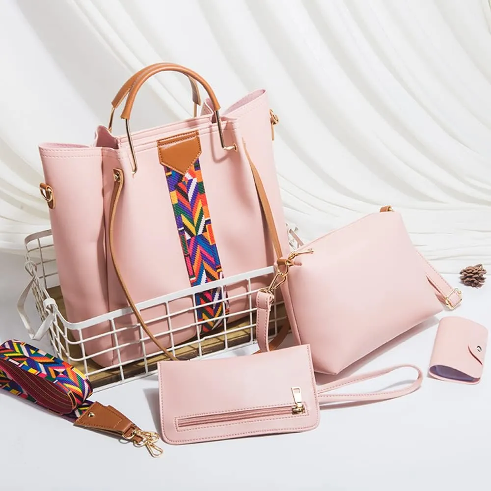 Women Handbags Sets Leather Purses Color Woven Tape Tote Bags Shoulder Crossbody Bag Top Handle Bag Wallet 4Pcs