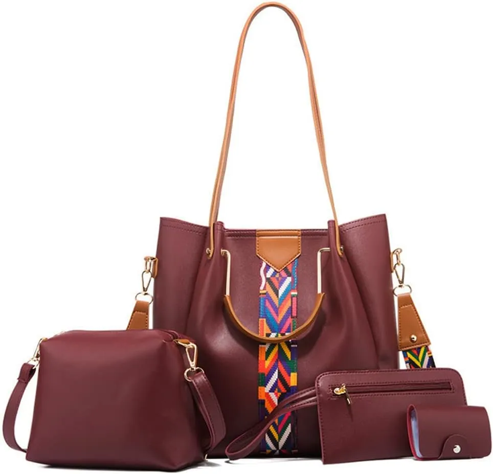 Women Handbags Sets Leather Purses Color Woven Tape Tote Bags Shoulder Crossbody Bag Top Handle Bag Wallet 4Pcs