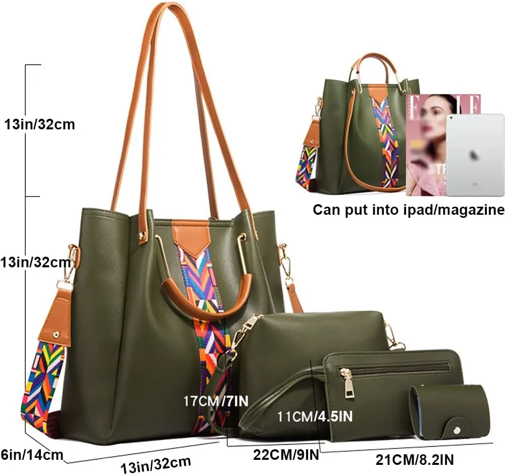 Women Handbags Sets Leather Purses Color Woven Tape Tote Bags Shoulder Crossbody Bag Top Handle Bag Wallet 4Pcs