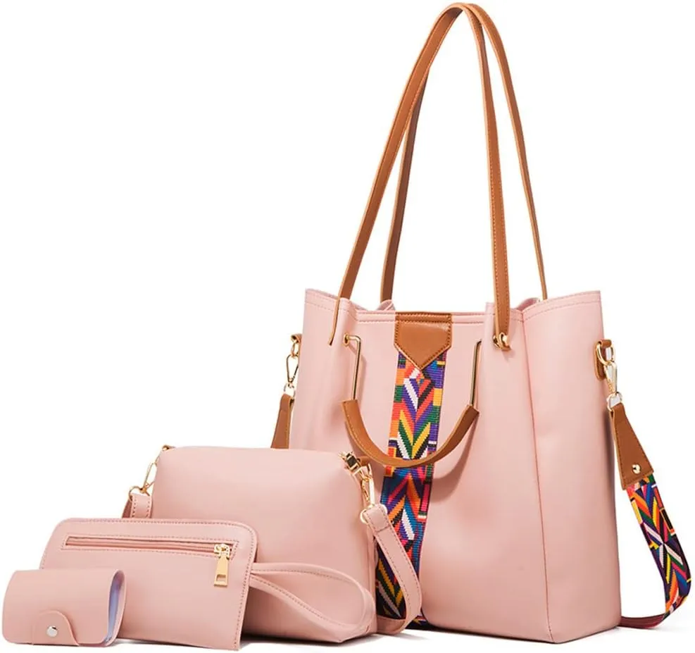 Women Handbags Sets Leather Purses Color Woven Tape Tote Bags Shoulder Crossbody Bag Top Handle Bag Wallet 4Pcs